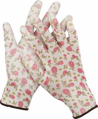 Перчатки GRINDA садовые, прозрачное PU покрытие, 13 класс вязки, бело-розовые, размер L (арт. 11291-L)