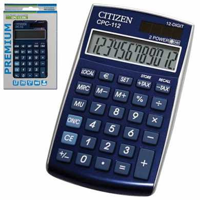 Калькулятор CITIZEN карманный CPC-112BLWB, 12 разрядов, двойное питание, 120х72 мм, синий (арт. 250357)