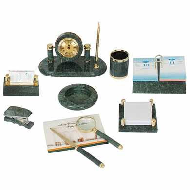 Набор GALANT настольный из мрамора, 9 предметов, зеленый мрамор, часы, степлер, 231194 (арт. 231194)