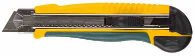 Нож с сегментирован лезвием, KRAFTOOL 09197, двухкомпонент корпус, автостоп, допфиксатор, кассета на 5 лезвий, 25 мм (арт. 09197)