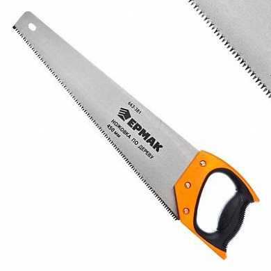 Ножовка Ермак по дереву, 450мм, двухкомпонентная ручка, двухкомпонентная ручка, 7TPI, закаленный зуб, трехсторонняя заточка, оранжевый, 663-381 (арт. 382243)
