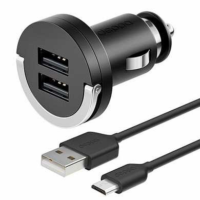 Зарядное устройство автомобильное DEPPA Ultra, кабель micro USB 1,5 м, 2 порта USB, выходной ток 2,1 А, черное, 11206 (арт. 453454)