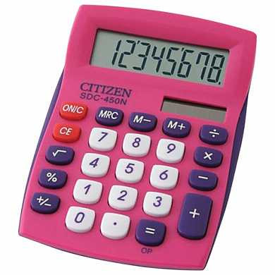 Калькулятор CITIZEN карманный SDC-450NPKCFS, 8 разрядов, двойное питание, 120х72 мм, розовый (арт. 250361)