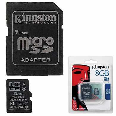 Карта памяти micro SDHC, 8 GB, KINGSTON, 4 Мб/сек. (class 4), с адаптером, SDC4/8GB (арт. 510331)