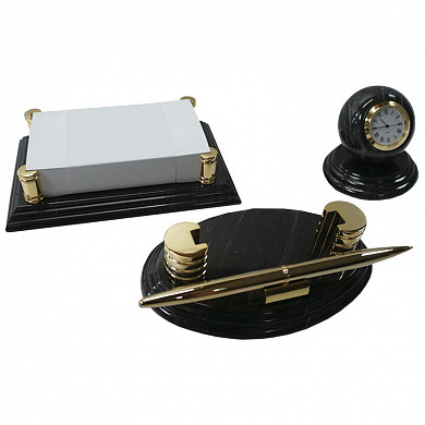 Набор настольный подарочный Delucci, 3 предмета, черный мрамор с золотой отделкой, часы в комплекте (арт. MBm_00301)