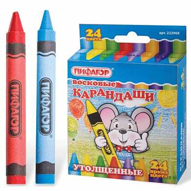 Восковые карандаши утолщенные ПИФАГОР, 24 цвета, 222968 (арт. 222968)
