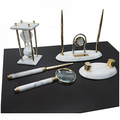 Набор настольный подарочный Delucci, 6 предметов, белый мрамор с золотой отделкой, часы в комплекте (арт. MBm_00608)