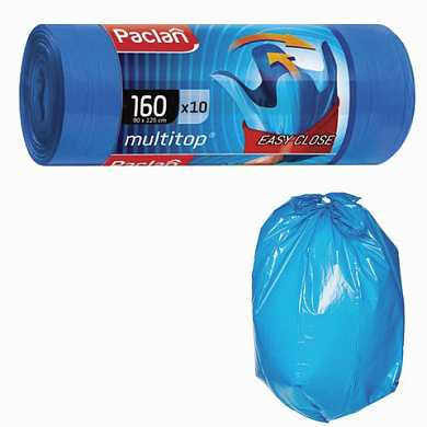 Мешки для мусора, 160 л, комплект 10 шт., рулон, ПВД, 90х125 см, 30 мкм, с ушками, синие, PACLAN "Multitop", 134442 (арт. 604064)