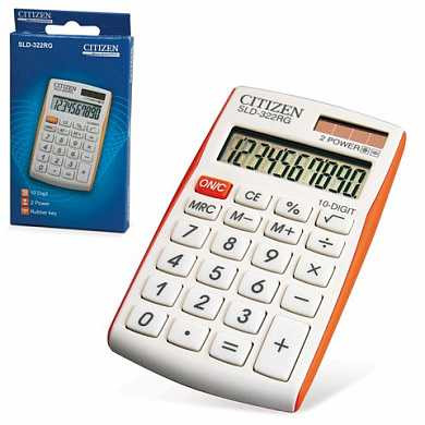 Калькулятор CITIZEN карманный SLD-322RG, 10 разрядов, двойное питание, 105х64 мм, белый/оранжевый (арт. 250348)