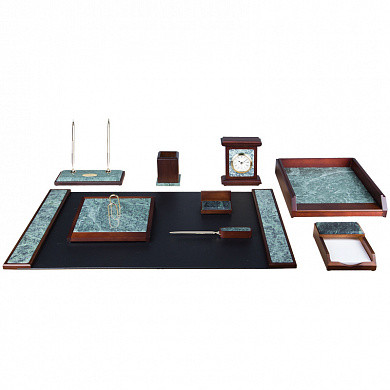 Набор настольный подарочный Delucci, 9 предметов, зеленый мрамор, красное дерево, часы в комплекте (арт. MBm_00900)