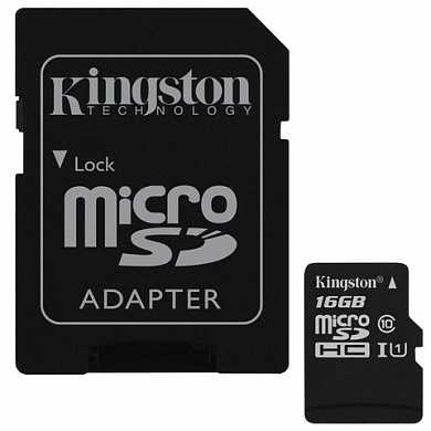 Карта памяти micro SDHC,16 GB, KINGSTON Canvas Select, UHS-I U1, 80 Мб/сек. (class 10), адаптер, SDCS/16GB (арт. 512722)