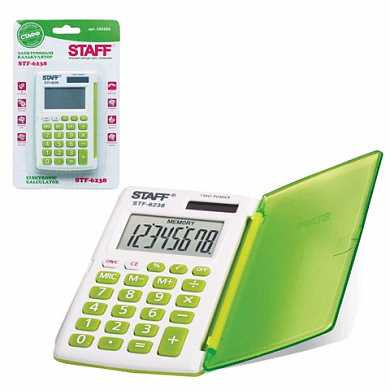 Калькулятор STAFF карманный STF-6238, белый, с зелёными кнопками, 8 разрядов, двойное питание, 104х63 мм, блистер (арт. 250283)