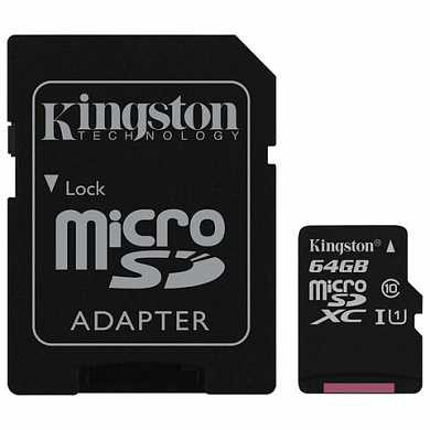 Карта памяти micro SDXC, 64 GB, KINGSTON Canvas Select, UHS-I U1, 80 Мб/сек. (class 10), адаптер, SDCS/64GB (арт. 512724)