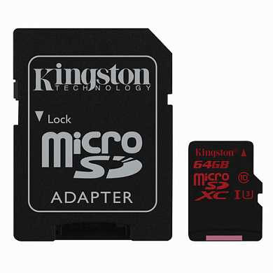 Карта памяти micro SDXC, 64 GB, KINGSTON, UHS-I U3, 90 Мб/сек. (class 10), с адаптером, SDCA3/64GB (арт. 511893)