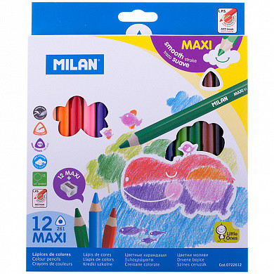 Карандаши цветные Milan "261 Maxi", 12цв., трехгран., заточен., картон, европодвес, с точилкой (арт. 0722612)