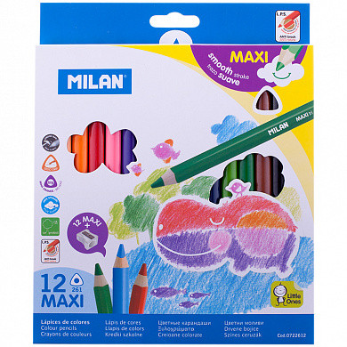 Карандаши цветные Milan "261 Maxi", 12цв., трехгран., заточен., картон, европодвес, с точилкой (арт. 0722612) купить в интернет-магазине ТОО Снабжающая компания от 5 537 T, а также и другие Карандаши на сайте dulat.kz оптом и в розницу