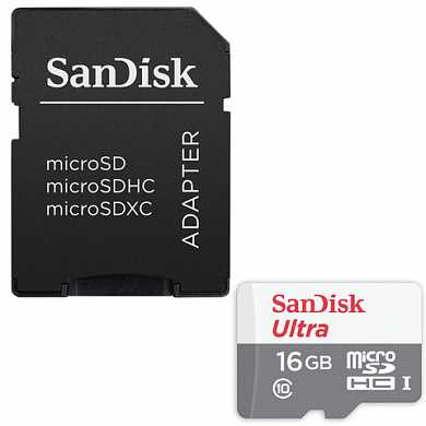 Карта памяти microSDHC, 16 GB, SANDISK Ultra UHS-I U1, 80 Мб/сек (class 10), адаптер, QUNS-016G-GN3MA (арт. 512716)