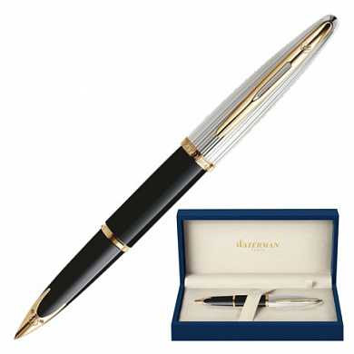 Ручка перьевая WATERMAN "Carene Deluxe GT", корпус черный, нержавеющая сталь, позолоченные детали, синяя, S0699920 (арт. 141954)