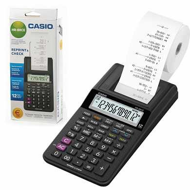 Калькулятор CASIO печатающий HR-8RCE-BK-W-EC, 12 разрядов, питание от батареек (4 х АА) или адаптера (250402) (арт. 250407)