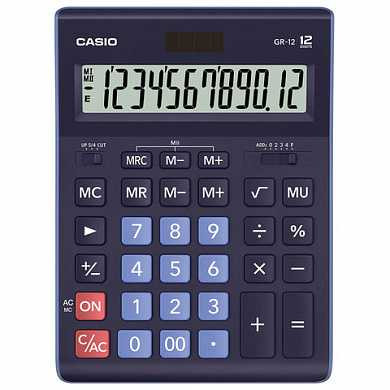 Калькулятор CASIO настольный GR-12-BU, 12 разрядов, двойное питание, 210х155 мм, темно-синий, GR-12-BU-W-EP (арт. 250442)