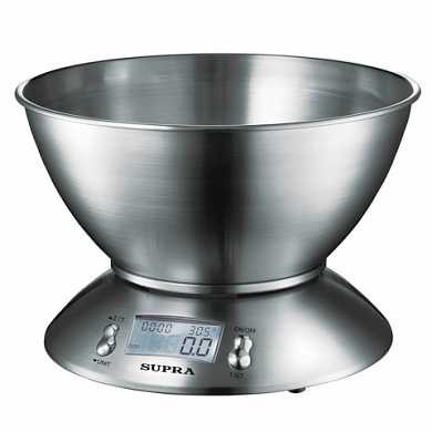 Весы кухонные SUPRA BSS-4095, чаша, максимальная нагрузка 5 кг, электронный дисплей, таймер, тарокомпенсация, сталь (арт. 451892)