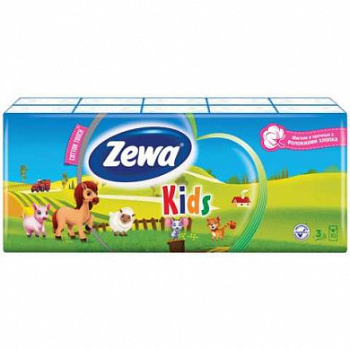 Платки носовые ZEWA Kids, 3-х слойные, 10 шт. х (спайка 10 пачек), 51122 (арт. 126256)