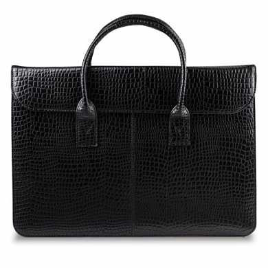 Портфель-сумка женский из натуральной кожи, на молнии, 380х280х80 мм, тиснение "крокодил", черный, 8-095 (арт. 240371)