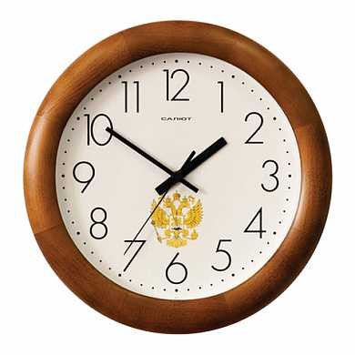 Часы настенные САЛЮТ ДС-ББ25-186, круг, бежевые с рисунком "Герб", деревянная рамка, 31х31х4,5 см (арт. 452323)