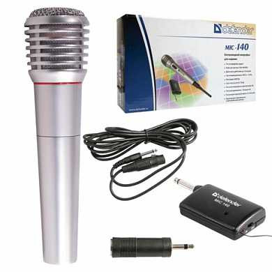 Микрофон DEFENDER MIC-140, беспроводной, радио 87-92 МГц, радиус действия 15 м, серый, 64140 (арт. 511721)