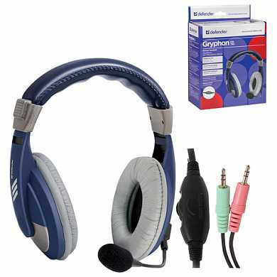 Наушники с микрофоном (гарнитура) DEFENDER Gryphon HN-750, проводная, 2 м, синяя, 63748 (арт. 511700)