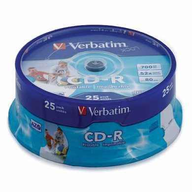 Диск CD-R VERBATIM, 700 MB, 52x, Printable, 25 шт., Cake Box, с поверхностью для печати (арт. 510125)