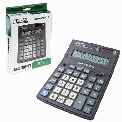 Калькулятор CITIZEN настольный Correct D-312, 12 разрядов, двойное питание, 155x205 мм, черный пластиковый корпус, D-312-RU (арт. 250412)