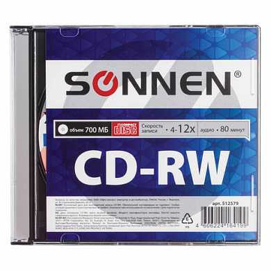 Диск CD-RW SONNEN, 700 Mb, 4-12x, Slim Case (1 штука), 512579 (арт. 512579)