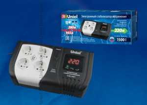 Стабилизатор напряжения Uniel Expert U-ARS-1500/1, релейного типа, 1 фаза, 1500ВА, 145-280В, настольный, микропроцессор, дисплей, 09623 (арт. 572046)