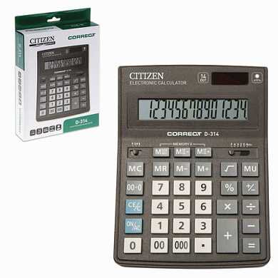 Калькулятор CITIZEN настольный Correct D-314, 14 разрядов, двойное питание, 155x205 мм, черный, D-314-RU (арт. 250413)