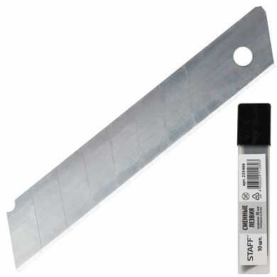 Лезвия для ножей 18 мм STAFF, комплект 10 шт., толщина лезвия 0,38 мм, в пластиковом пенале, 235466 (арт. 235466)