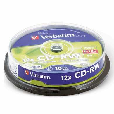 Диск CD-RW VERBATIM, 700 Mb, 12х, 10 шт., Cake Box, 43480 (арт. 510267)