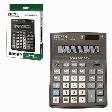 Калькулятор CITIZEN настольный Correct D-316, 16 разрядов, двойное питание, 155x205 мм, черный, D-316-RU (арт. 250414)