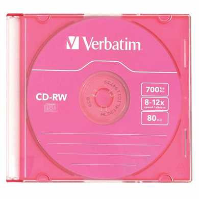 Диск CD-RW VERBATIM, 700 Mb, 8х-12х, Colour Slim Case, 43167 (арт. 510238)