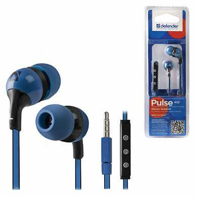 Наушники с микрофоном (гарнитура) DEFENDER Pulse 452, проводная, 1,2 м, вкладыши, для Android, синяя, 63452 (арт. 511874)
