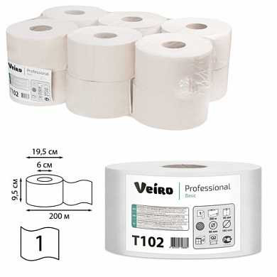 Бумага туалетная 200 м, VEIRO Professional (Система T2), комплект 12 шт., Basic, T102 (арт. 127083)