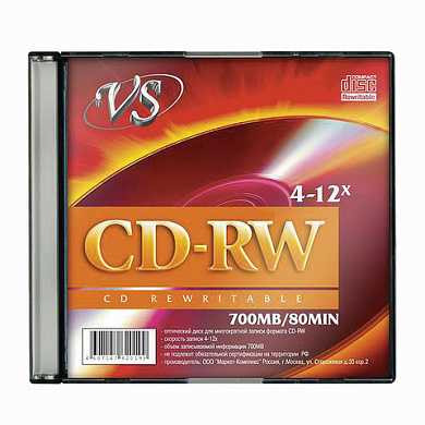 Диск CD-RW, VS, 700 Mb, 4-12 x Slim Case, 1 штука, VSCDRWSL01 (арт. 512095)