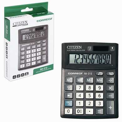 Калькулятор CITIZEN настольный Correct SD-212, 12 разрядов, двойное питание, 103x138 мм, черный, SD-212-RU (арт. 250411)
