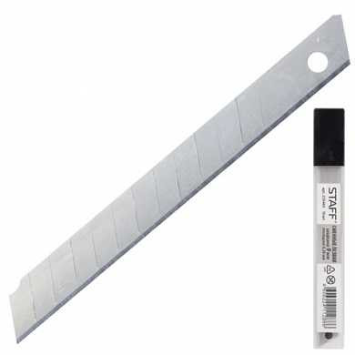 Лезвия для ножей 9 мм STAFF, комплект 10 шт., толщина лезвия 0,38 мм, в пластиковом пенале, 235465 (арт. 235465)