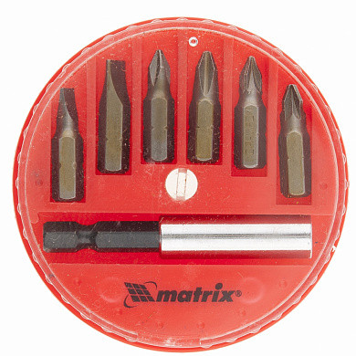 Набор бит, магнитный адаптер для бит, сталь 45Х, 7 предм., в пласт. закрытом боксе MATRIX (арт. 11392)