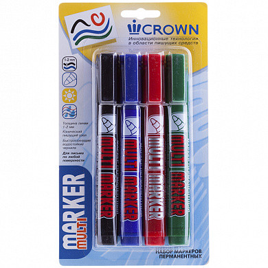 Набор перманентных маркеров Crown "Multi Marker" 4цв., пулевидный, 3мм, блистер (арт. CPM-800-B/ЧСЗ К)