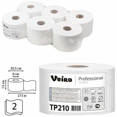 Бумага туалетная 215 м, VEIRO (Система T8), комплект 6 шт., с центральной вытяжкой, Comfort, 2-слойная, ТР210 (арт. 127088)