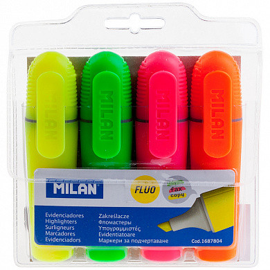 Набор текстовыделителей Milan "Fluo" 4цв., 1-5мм, чехол с европодвесом (арт. 1687804) купить в интернет-магазине ТОО Снабжающая компания от 0 T, а также и другие Маркеры на сайте dulat.kz оптом и в розницу