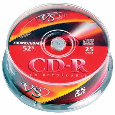 Диски CD-R VS, 700 Mb, 52x, 25 шт., Cake Box, с поверхностью для печати, VSCDRIPCB2501 (арт. 511553)