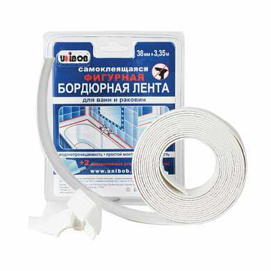 Клейкая лента бордюрная для ванн и раковин, 38 мм х 3,35 м, UNIBOB, фигурная, белая, блистер, 46326 (арт. 604187) купить в интернет-магазине ТОО Снабжающая компания от 5 586 T, а также и другие Клейкие ленты и диспенсеры к ним на сайте dulat.kz оптом и в розницу